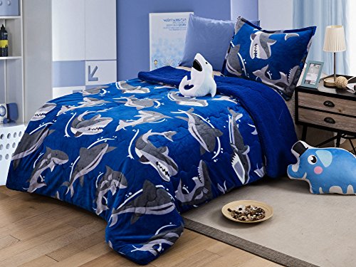 Product Cover All American Collection New Super Soft and Warm 3 Piece Borrego/Sherpa Blanket with Pillow Sham and Cushion (Twin, Shark)