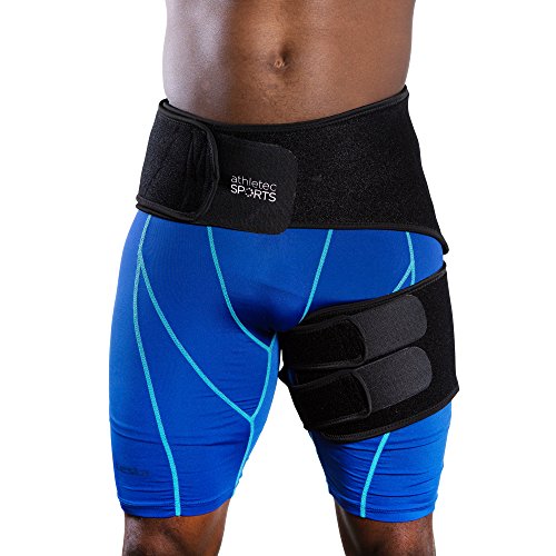 Product Cover Athletec Sport Adjustable Compression Groin Support Wrap for Hip Arthritis, Thigh, Hamstring, Quadriceps Injuries, Sciatic Nerve Pain Relief Brace for Men & Women - Black (One Piece)