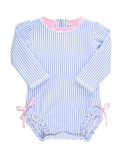 Product Cover RuffleButts Baby/Toddler Girls Long Sleeve One Piece Swimsuit - Blue Seersucker with UPF 50+ Sun Protection - 6-12m