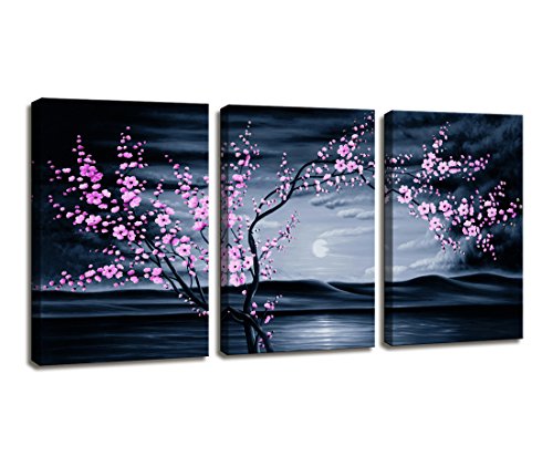 Product Cover Moyedecor Art - 3 Pieces Modern Canvas Painting Wall Art The Picture for Home Decoration Purple Plum Blossom in Night View Sea View Print On Canvas Giclee Artwork for Wall Decor Gift Piece