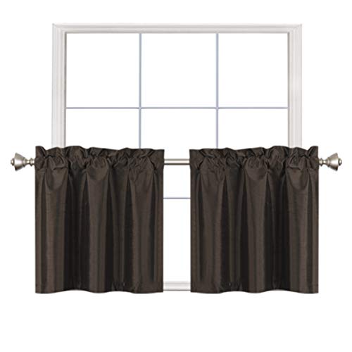 Product Cover Home Queen Faux Silk Rod Pocket Tier Curtains for Small Window, Short Room Darkening Kitchen Curtains, Café Drapes, 2 Panels, 30 W X 24 L Inch Each, Solid Chocolate Brown