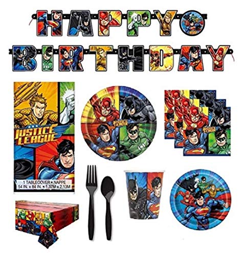 Product Cover FAKKOS Design DC Comics Justice League Superheros Birthday Party Supplies Pack Bundle Serves 16: Large Plates, Small Plates, Cups, Napkins, Banner, Table Cover & Premium Plastic Cutlery
