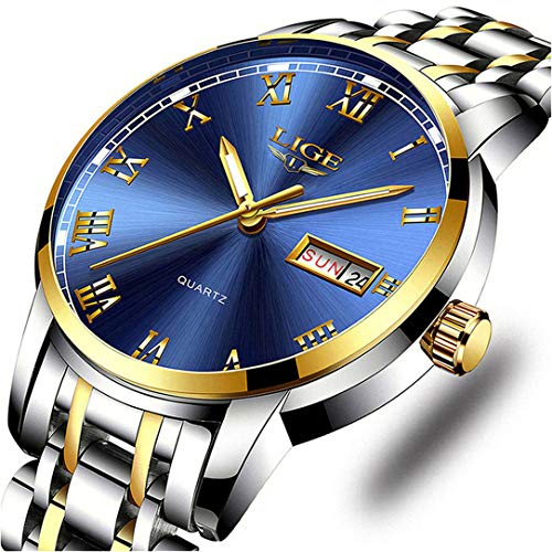 Product Cover Mens Watches Stainless Steel Waterproof Analog Quartz Watch Men Simple Business Dress Wristwatch Blue Clock