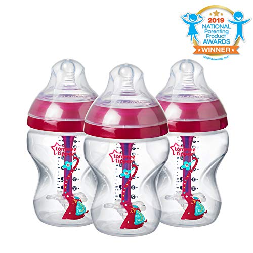 Product Cover Tommee Tippee  Decorated Advanced Anti-Colic Bottles, Breast-Like Slow Flow Nipple, Heat-Sensing Technology, BPA-Free - Pink - 9 Ounce, 3 Count
