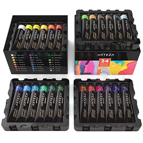 Product Cover Arteza Acrylic Paint, Set of 24 Colors/Tubes (22 ml/0.74 oz.) with Storage Box, Rich Pigments, Non Fading, Non Toxic Paints for Artist, Hobby Painters & Kids, Ideal for Canvas Painting