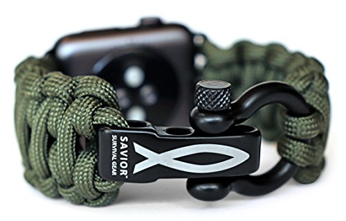 Product Cover Savior Survival Gear Paracord Watch Band Compatible with Apple 42mm and 44mm Apple Watch - Paracord Watch Band with Stainless Steel Adjustable Shackle (550 Paracord, Green, Large)