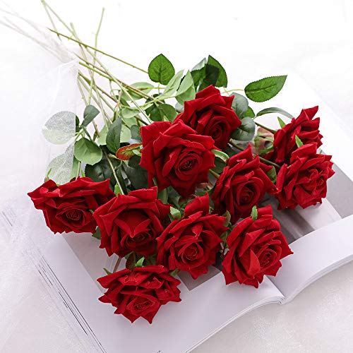 Product Cover JUSTOYOU 10pcs Artificial Rose Velvet Flower Blossom Bridal Bouquet Home Wedding Decor (Red)