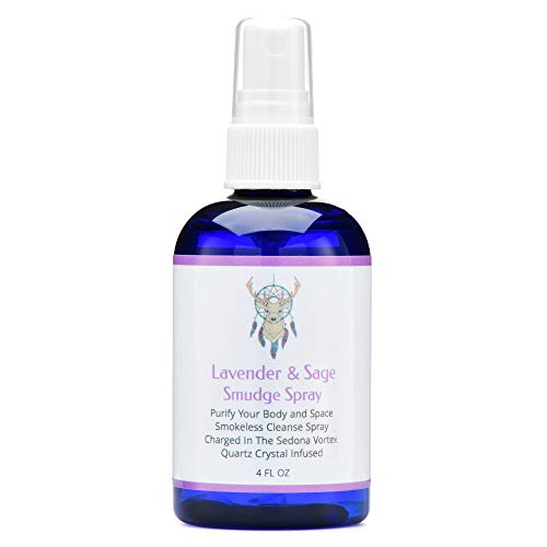 Product Cover Sage Smudge Spray With Lavender For Cleansing and Clearing Energy (4 ounce) Liquid Blend Alternative To Sticks, Incense Or Bundles: Handmade With Pure Essential Oils and Real Quartz Crystals