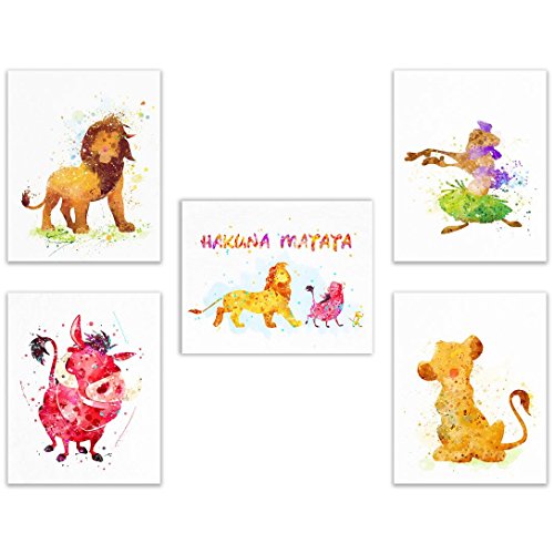 Product Cover Lion King Disney Watercolor Wall Art Prints- Set of 5 (8x10) Poster Photos - Hakuna Matata It Means No Worries - Timon - Pumba - Simba