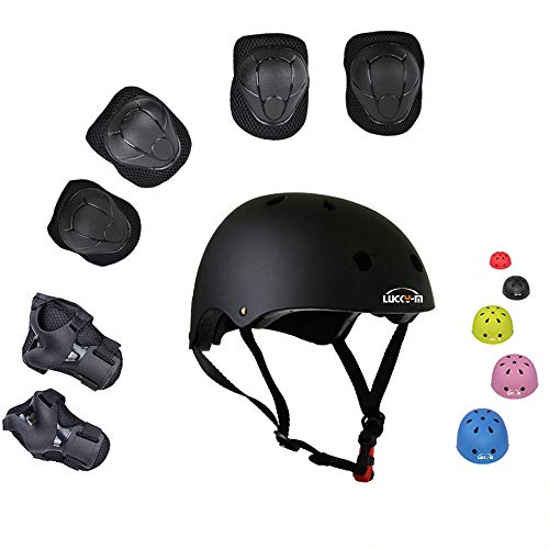 Product Cover Lucky-M Kids Outdoor Sports Protective Gear,Boys and Girls Safety Pads Set [Helmet,Knee&Elbow Pads and Wrist Guards] for Roller, Scooter, Skateboard, Bicycle(3-8 Years Old)(Black)