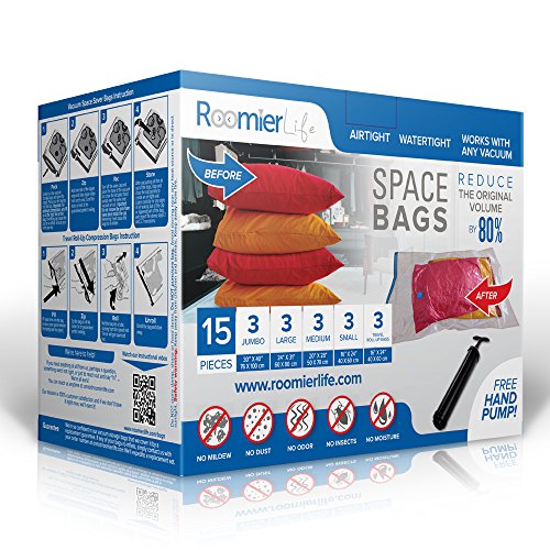 Product Cover RoomierLife Premium Space Saver Bags 15pcs Variety Pack (3 x Small, Medium, Large, Jumbo & 3 x Travel Roll-Up Compression) Ziplock Vacuum Storage Bags