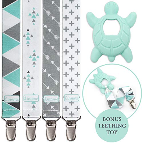 Product Cover Liname Pacifier Clip for Boys with Bonus Teething Toy - 4 Pack Gift Packaging - Premium Quality & Unique Design - Pacifier Clips Fit All Pacifiers & Soothers - Perfect Baby Gift