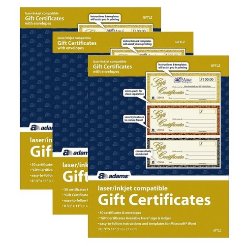 Product Cover Adams Gift Certificates, Laser/Inkjet Compatible, 3-Up, 30 per Pack with Envelopes (GFTLZ) ... (3 Pack)