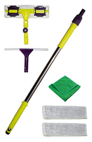 Product Cover Premium Window Squeegee Kit with Extension Pole and Microfiber Glass Scrubber Includes Soft Rubber Blade and Replacement Cleaner Pad with Bonus Polishing Cloth for House Shower Car and Outdoor