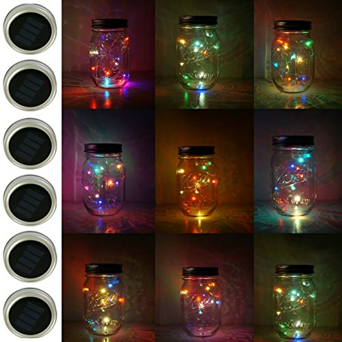 Product Cover 6 Pack Mason Jar Lights, 10 LED Solar Colorful Flicker Fairy String Lights Lids Insert for Garden Deck Patio Party Wedding Decorative Lighting Fit for Regular Mouth Jars