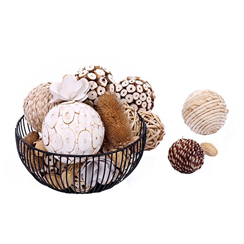 Product Cover Bag of Assorted Decorative Spherical Natural Woven Twig Rattan and Cotton Bowl and Vase Filler, Balls Spheres Orbs Filler - Brown and White (Brown1)