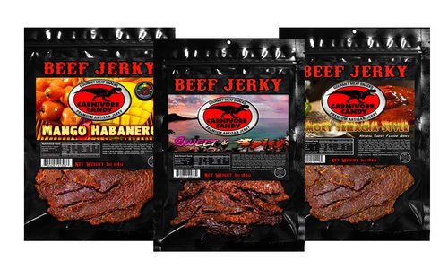 Product Cover Carnivore Candy Gourmet Beef Jerky (3) pk Flavor Sampler - Mango Habanero, Sweet & Spicy & Smoky Sriracha (3 x 3 oz bags)