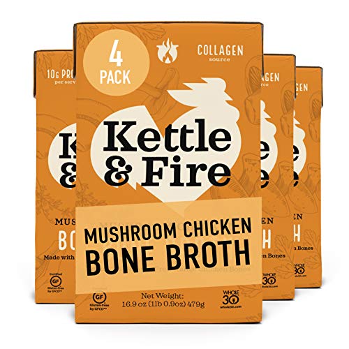 Product Cover Mushroom Chicken Bone Broth by Kettle and Fire, Pack of 4, Keto Diet, Paleo Friendly, Whole 30 Approved, Gluten Free, with Collagen, 10g of protein, 16.2 fl oz