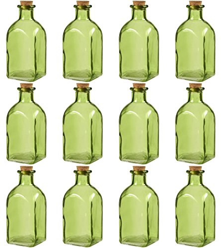 Product Cover Juvale Clear Glass Bottles Cork Lids- 12 Pack Small Green Transparent Jars Stoppers Vintage Wedding Decoration, DIY, Home, Party Favors, 4.75 x 2 x 2 inches