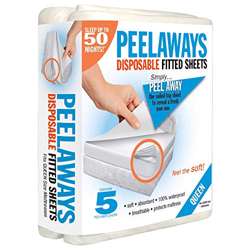 Product Cover PEELAWAYS Disposable Sheets Mattress Protector - Queen Size Fitted Cover - Waterproof Bed Pad for Incontinence, Hotels, Home Care, Bedwetting - Full Coverage, 5 Layers, Soft Comfort Bamboo Blend
