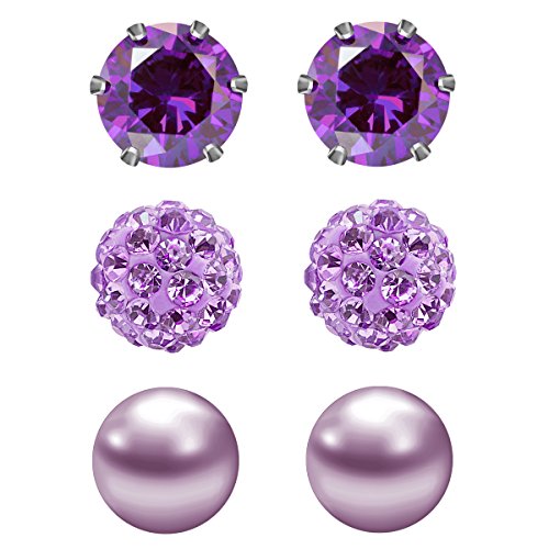 Product Cover JewelrieShop Purple Studs Earrings for Women CZ Rhinestones Crystal Ball Fake Pearl Stainless Steel Party Stud Febrary Birthstone Earring Set for Girl (3 pairs,6mm Round,Feb)