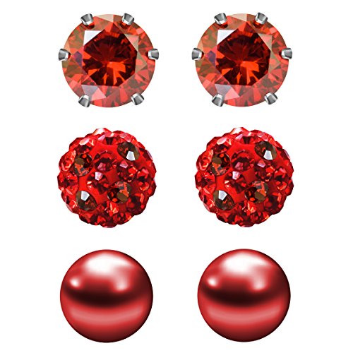 Product Cover JewelrieShop Red Studs Earrings for Women CZ Rhinestones Crystal Ball Fake Pearl Stainless Steel Party Stud January Birthstone Earring Set for Girl (3 pairs,6mm Round,Jan)