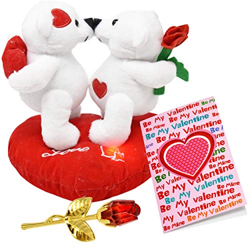 Product Cover Valentine Bear Stuffed Teddy Plush Valentines Talking Kissing Love Bears on Heart Pillow, 3 Inch Forever Glass Rose in Gift Box and Valentine Card for Her Girlfriend Women Wife