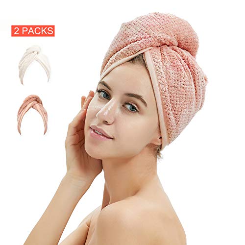 Product Cover 2 Pack Hair Towel Wrap,Hair Drying Towel with Button, Microfibre Hair Towel, Dry Hair Hat, Bath Hair Cap (Pink&Beige)