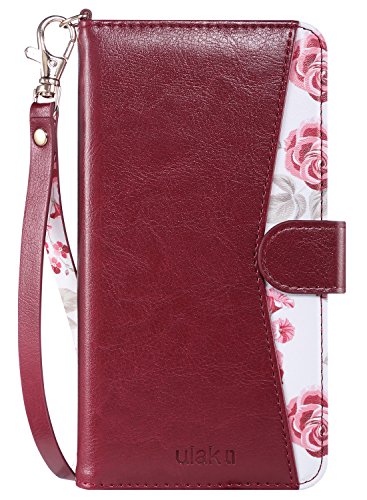 Product Cover ULAK Flip Wallet Case for iPhone 6s Plus, iPhone 6 Plus Case, Floral PU Leather Wallet Kickstand Case with Wrist Strap ID&Credit Card Pockets for iPhone 6 plus/6S Plus 5.5, (Burgundy Red)