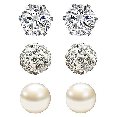 Product Cover JewelrieShop Studs Earrings for Women CZ Rhinestones Crystal Ball Fake Pearl Stainless Steel Party Stud April Birthstone Earring Set for Girl (3 pairs,6mm Round,April)