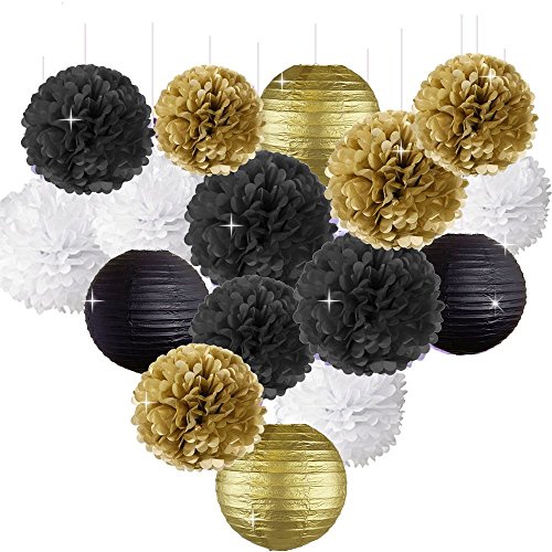 Product Cover Happy New Year Party Decorations Black White Gold Tissue Paper Pom Pom Paper Lanterns for Great Gatsby Decorations/New Year's Eve Party/Birthday Decorations/Bridal Shower Decorations