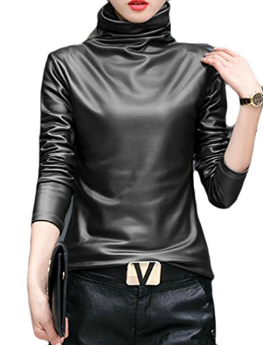 Product Cover Gnao Women Slim Turtleneck Faux Leather Long Sleeve Blouse Top Shirt