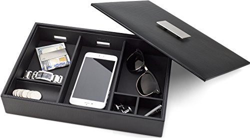 Product Cover Glenor Co Mens Valet Tray/Dresser Organizer & Lid - 6 Slot Luxury Jewelry Accessories Box, Carbon Fiber Design & Metal Buckle for Men's Watches, Sunglasses, Wallet Cell Phone & Keys Pu Leather Black