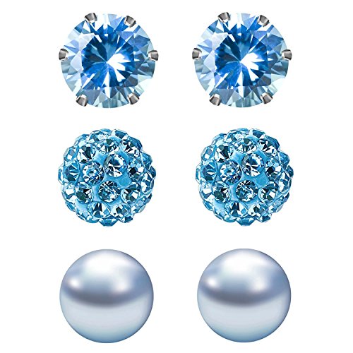 Product Cover JewelrieShop Light Blue Studs Earrings for Women CZ Rhinestones Crystal Ball Fake Pearl Stainless Steel Party Stud March Birthstone Earring Set for Girl (3 pairs,6mm Round,Mar)