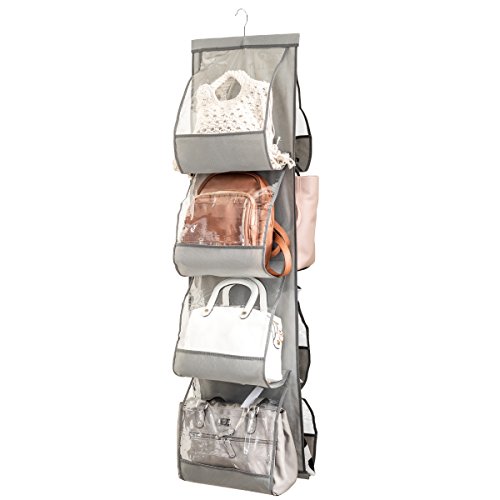 Product Cover Zober Hanging Purse Organizer For Closet Clear Handbag Organizer For Purses, Handbags Etc. 8 Easy Access Clear Vinyl Pockets With 360 Degree Swivel Hook, Gray, 48