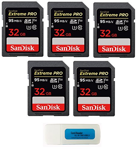 Product Cover SanDisk 32GB (Five Pack) SD HC Extreme Pro Memory Card works with Digital DSLR Camera SDHC 4K V30 UHS-I (SDSDXXG-032G-GN4IN) with Everything But Stromboli (TM) Combo Reader