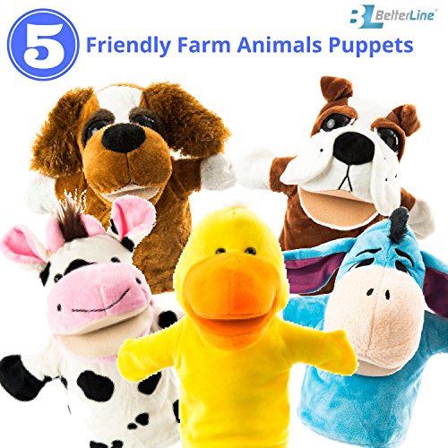 Product Cover Animal Hand Puppets 5-Piece Set - Premium Quality with Movable Open Mouths, 9.5