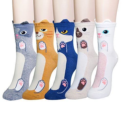 Product Cover KONY Women's Girls Casual Funny Novelty Crew Socks, Cute Cats Printed Pattern - Gifts for Cat Lovers (Smile Cats - 5 Pairs)