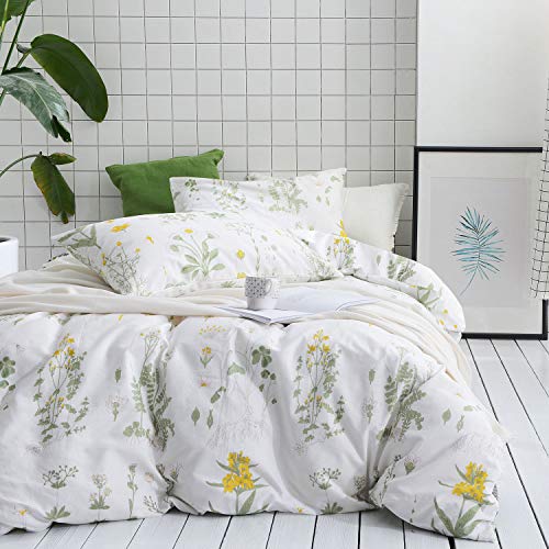 Product Cover Wake In Cloud - Botanical Duvet Cover Set, 100% Cotton Bedding, Yellow Flowers and Green Leaves Floral Garden Pattern Printed on White (3pcs, Twin Size)