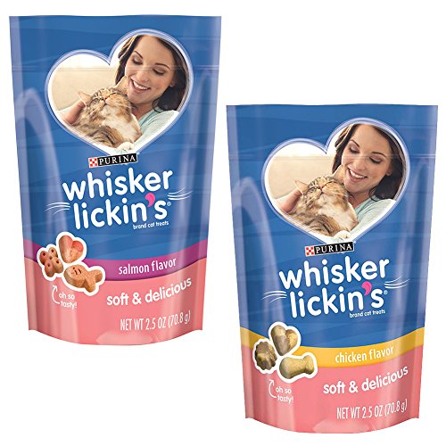 Product Cover Purina 4 Pack Whisker Lickin's Soft & Delicious Salmon & Chicken Flavor Chewy Moist Cat Treats 2.5 oz Bags
