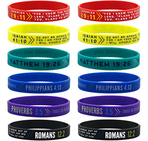 Product Cover (12-Pack) Colorful Bible Wristbands - Wholesale Pack of Silicone Bracelets in Mixed Adult Sizes for Bulk Christian Gifts and Party Favors