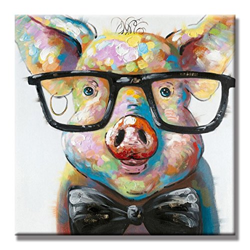Product Cover Crystal Emotion Lovely Pig with Glasses Paintings for Living Room Canvas Decor Wall Art Ready to Hang 16x16inch
