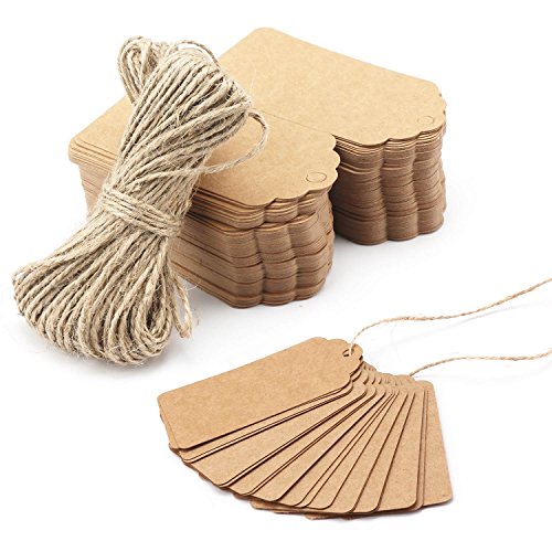 Product Cover 200PCS Brown Craft Tags, Segarty Personalized Card Stock Gift Tag Sign with Holes, Brown Kraft Paper Hang Labels with String for Arts and Crafts, Wedding Birthday Christmas Vintage Sale and Holiday