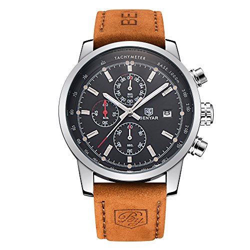 Product Cover BENYAR Men Watch Chronograph Fashion Sport 3ATM Waterproof Casual Brown Leather Wrist Watch
