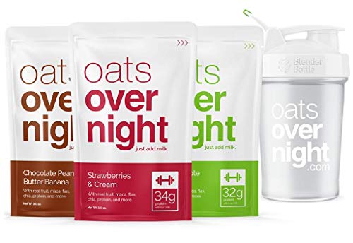 Product Cover Oats Overnight - Oatmeal, Whey Protein, Rolled Oats, Low Sugar, Gluten-Free, Non-GMO, Variety Pack, 3 Ounce (3 Pack with Blender Bottle)