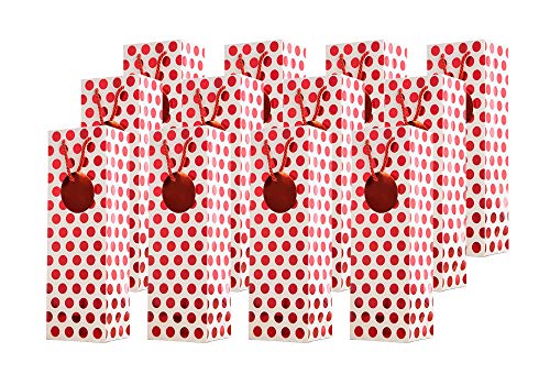 Product Cover UNIQOOO 12Pcs New Red Metallic Polka Dots Wine Gift Bag Bulk, w/Gift Tag, Recyclable Paper Bottle Carrier, Liquor Tote Bag, For Valentines Day, Wedding,Birthday Party Favor Bag, Large 14x4.75x3.5 Inch