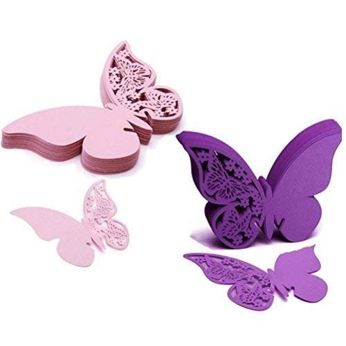 Product Cover WarmShine 100 Pcs Butterfly Wine Glass Cards Name Place Cards Laser Cut Wine Cup Decoration Postcards Wedding Centerpieces Table Decoration (Pink&Purple)