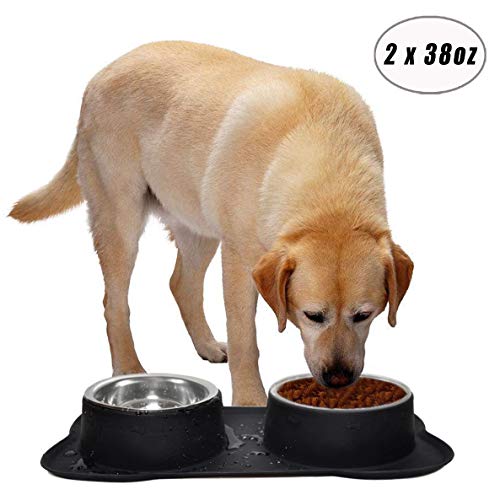 Product Cover Easeurlife Stainless Steel Dog Bowl Set 2 x 38oz No Spill/Non-Skid Silicone Mat Double Pet Bowls Set for Medium Dogs, Each Bowl About 1100ml Black