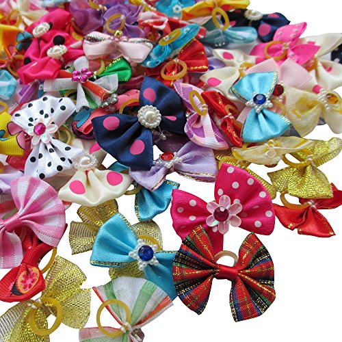 Product Cover Chenkou Craft Random of 100pcs New Dog Hair Bow with Rubber Band Rhinestone Pet Grooming Products Mix Colors Varies Patterns Pet Hair Bows Dog Accessories