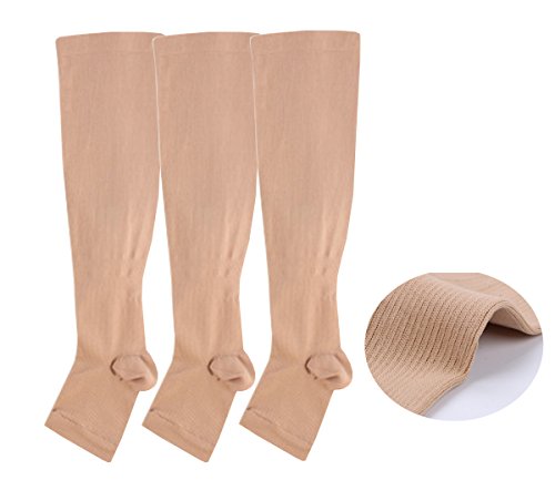 Product Cover Open toe Toeless Compression Socks 3 Pairs For Women& Men 15-20 mmHg Knee High Support Stockings Hose Athletic Gift for Running Nurses Travel Pregnancy Recovery (S/M, Nude)